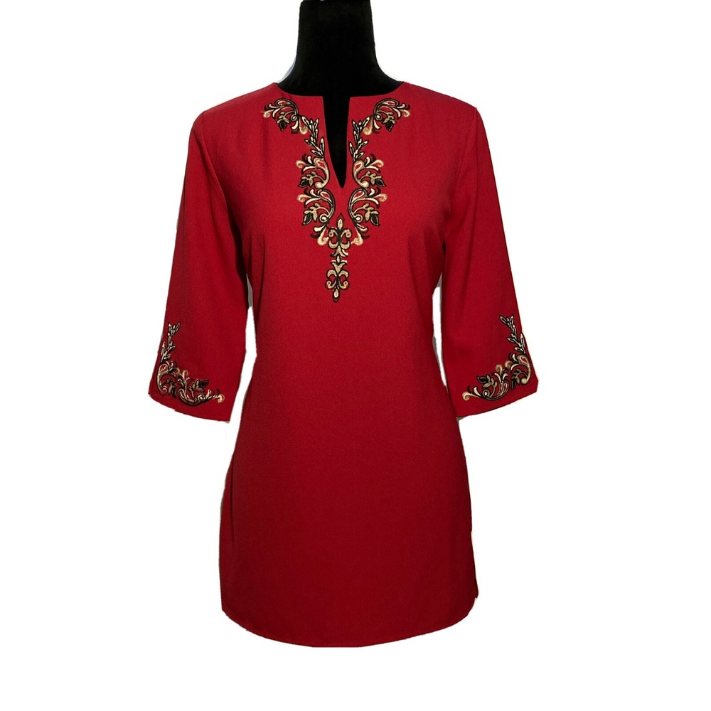 Timeless Naeem Khan Tunic XS Dark‎ Raspberry Pink White Black Embroider Long Top